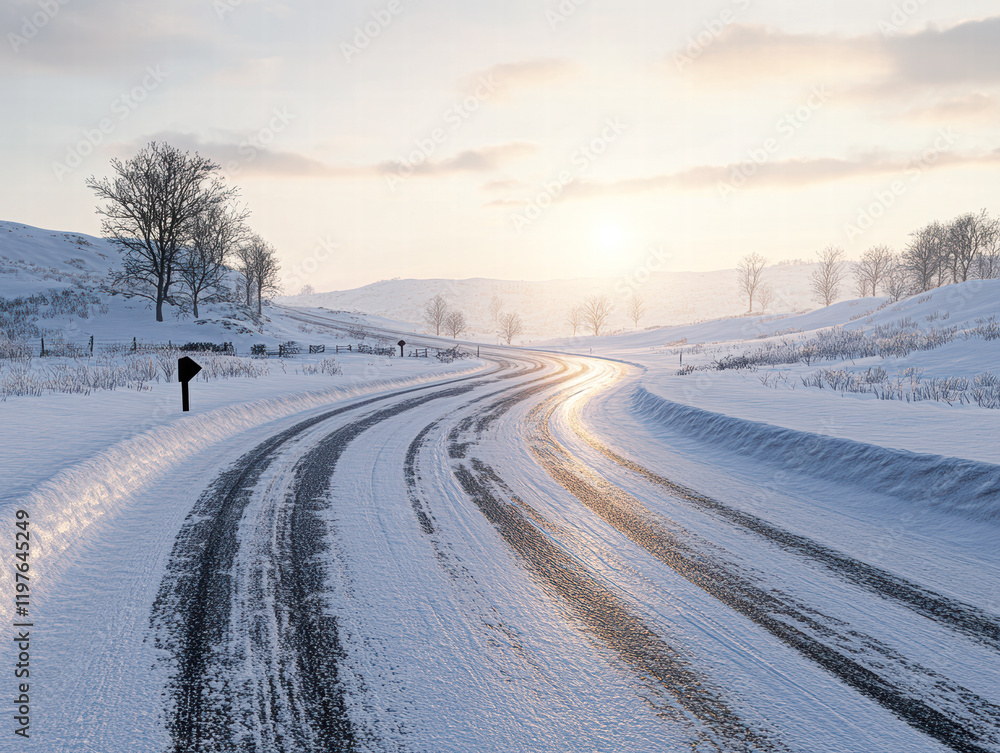 Winding snow-covered road winter landscape scenic view tranquil environment Winding snow-covered road winter landscape scenic view tranquil environment