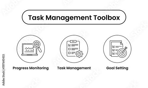 Task Management Toolbox icon set. Includes Progress Monitoring, Task Management, and Goal Setting icons. Vector icon set.