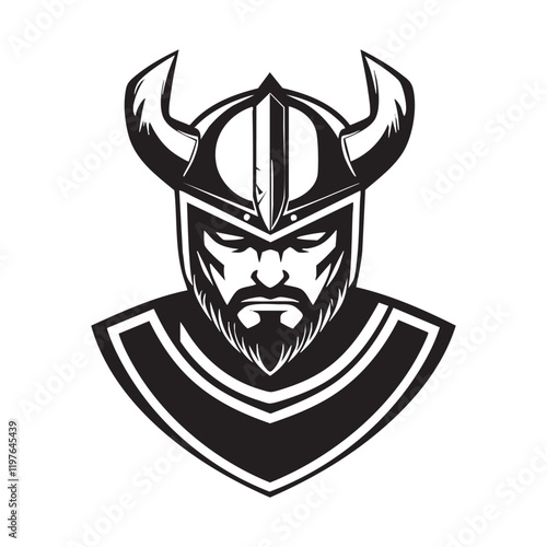 Powerful Viking warrior logo with a fierce expression and horned helmet.