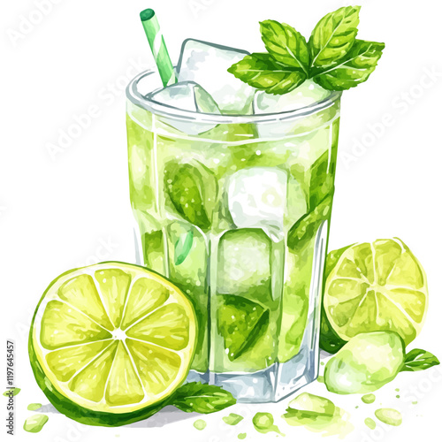 A watercolor of lemon lime mint juice, isolated on a white background. Juice vector.
