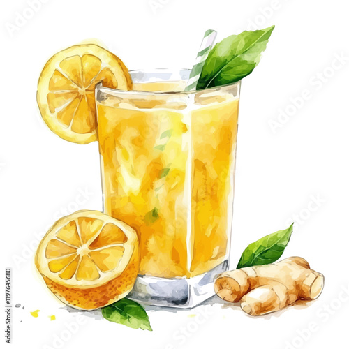 A watercolor drawing of lemon ginger juice, isolated on a white background. Juice vector.
