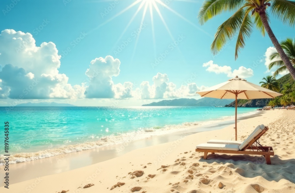 Fototapeta premium Sea, beach, sand and blue sky. Time to travel.