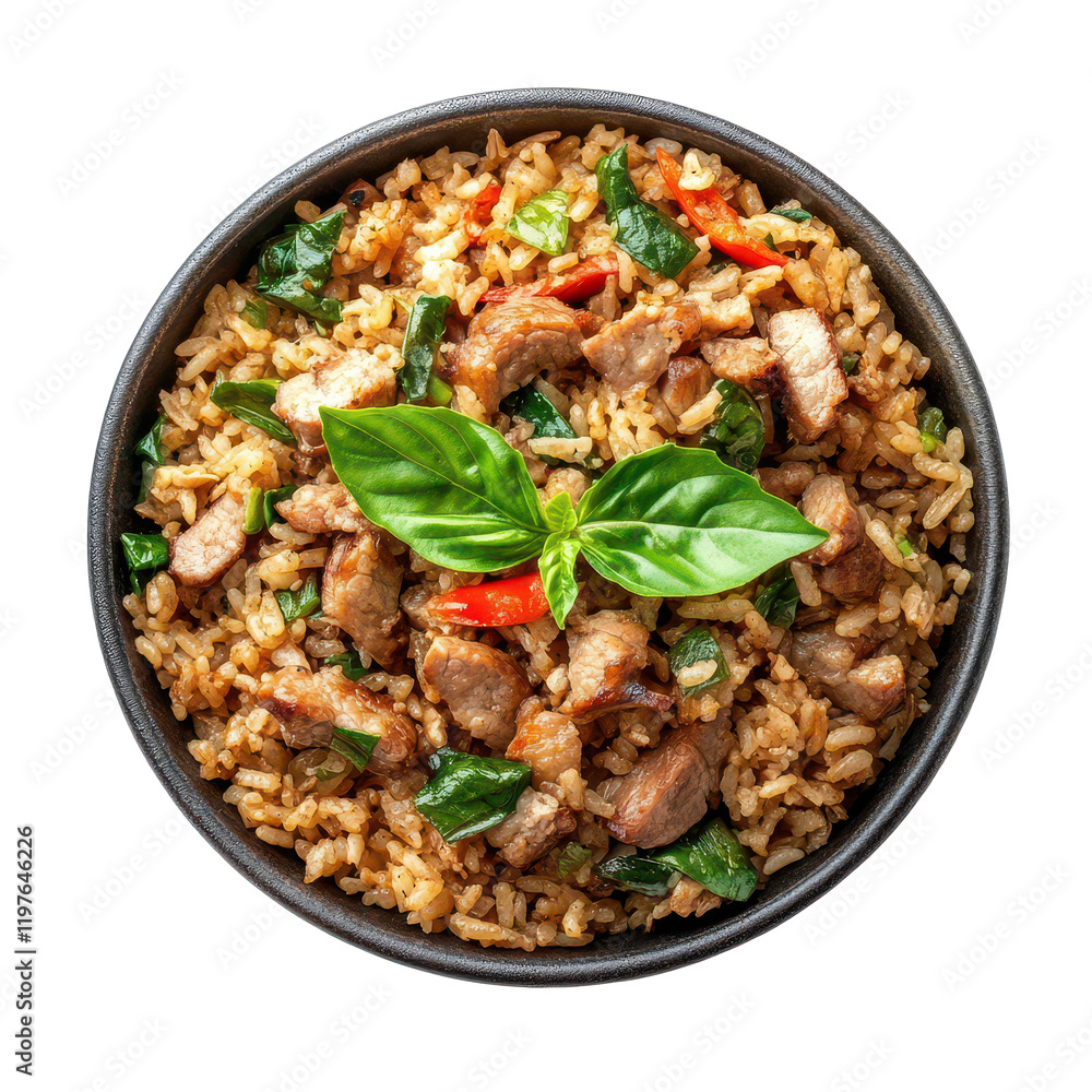 Delicious basil fried rice with pork served in a black bowl, showcasing Thai culinary flavors on a transparent background, Basil fried rice with pork Thai foodisolated on transparent background Delicious basil fried rice with pork served in a black bowl, showcasing Thai culinary flavors on a transparent background, Basil fried rice with pork Thai foodisolated on transparent background
