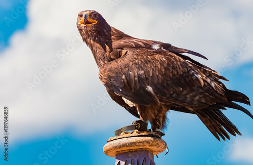 Aquila nipalensis, steppe eagle, standing on a wooden base at Mount Ahorn, Mayrhofen, Zillertal valley, Schwaz, Tyrol, Austria photo