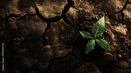 A resilient seedling emerges from cracked earth photo