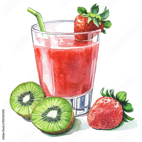 A watercolor vector of kiwi strawberry juice, isolated on a white background. Juice vector.
