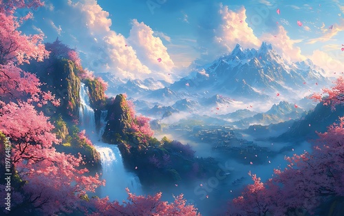 Scenic Blossom Village Waterfall Landscape
