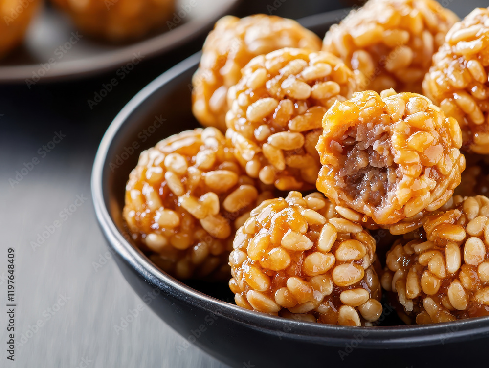 Close up of energy balls made with bean paste and sesame seeds, delicious treat Close up of energy balls made with bean paste and sesame seeds, delicious treat