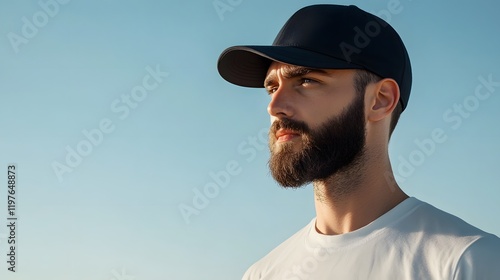 A bearded man wearing a black cap gazes into the distance