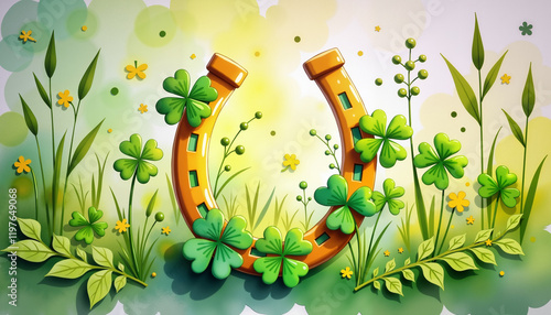 Golden horseshoe adorned with clovers in vibrant meadow, good luck, St. Patrick's Day, watercolor painting photo