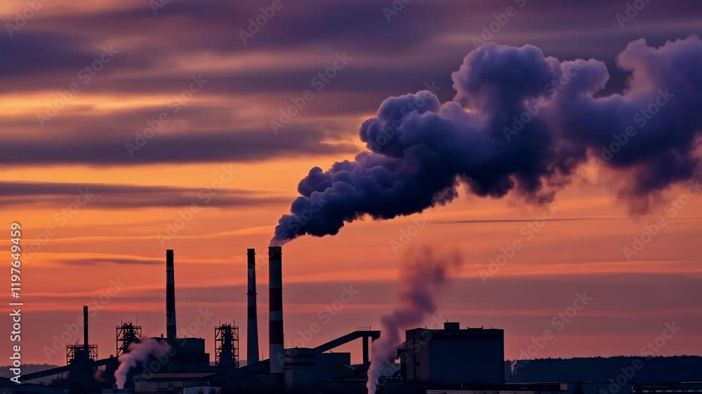 Industrial skyline at sunset with smoke rising from smokestacks Industrial skyline at sunset with smoke rising from smokestacks