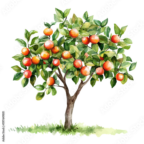 A watercolor illustration of a jujube tree, isolated on a white background. Tree vector.
