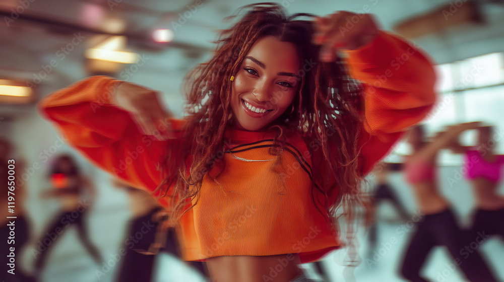 Curly-haired girl grooving to hip hop in a lively dance class, with blurred dancers in the background. Energetic, rhythmic, and focused, capturing the dynamic vibe of urban dance culture