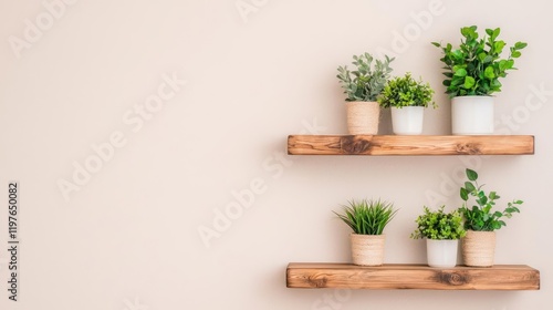 Modern home decor Plants on wooden shelves against a neutral wall.  Ideal for interior design blogs photo