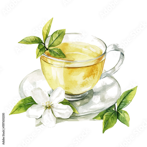 A watercolor vector of a cup of jasmine tea, isolated on a white background. Tea vector.

