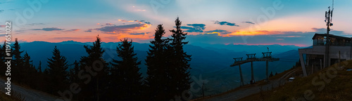 High resolution stitched alpine sunset summer panorama or sundowner at Alpenrosenbahn Westendorf, Kitzbuehel, Brixental valley, Tyrol, Austria photo