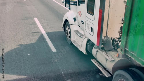 Close-up view of a green freight truck on the highway during daytime travel in Mexico