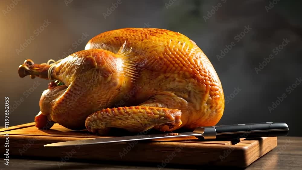 Golden roast turkey with knife in warm light: culinary artistry captured in progression Golden roast turkey with knife in warm light: culinary artistry captured in progression