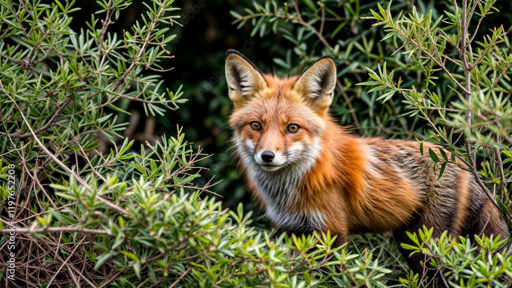 Obraz premium Red fox peeking out from bushes in natural habitat