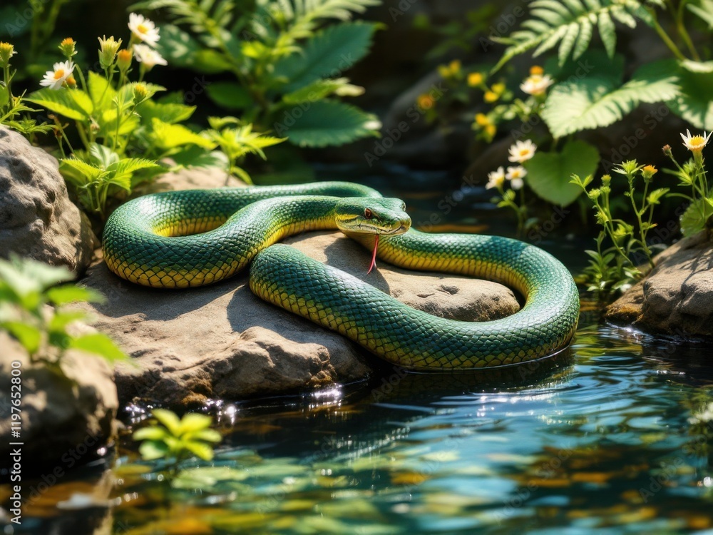 Vibrant Green Snake Coiled on Rock by Pond Vibrant Green Snake Coiled on Rock by Pond