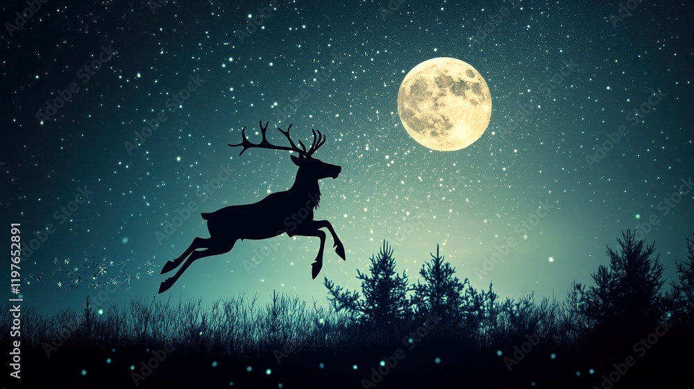 Fototapeta premium Reindeer Running Across the Sky with Moon