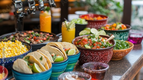 A festive taco station featuring a variety of fillings such as grilled fish, barbacoa, and roasted vegetables photo