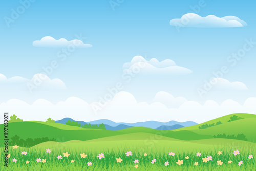 Landscape of green fields and meadows against the backdrop of mountains and hills. Beautiful flowers and lush green grass in summer fields and meadows. Landscape of spring nature.