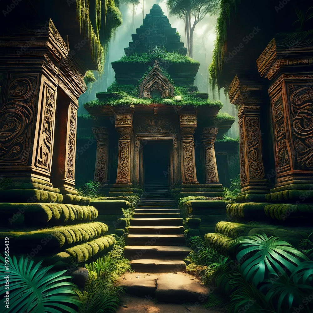 Obraz premium A hidden jungle temple with ancient carvings