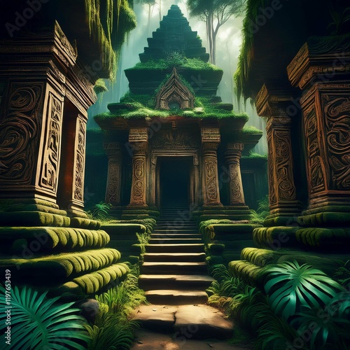 Fototapeta Naklejka Na Ścianę i Meble -  A hidden jungle temple with ancient carvings
