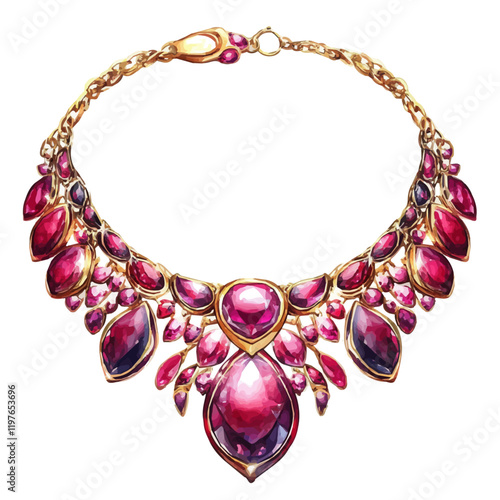 A watercolor of an intricate ruby and gold choker necklace, isolated on a white background. Necklace vector.
