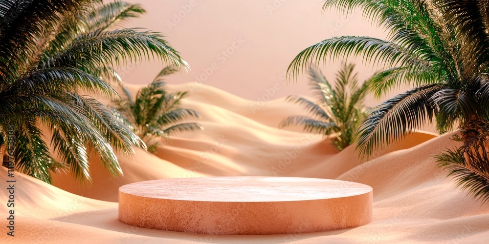 Obraz premium 3D sandstone podium. Desert oasis 3D background with palm trees, dunes, and a sparkling water source. Exotic charm.