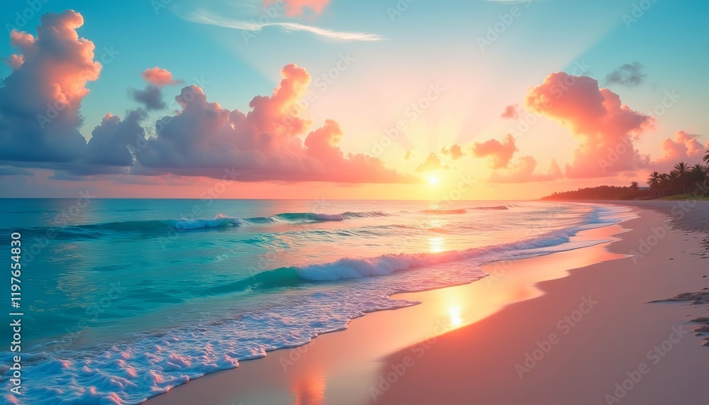 Sunset over a tranquil beach with turquoise water and pink sky. Sunset over a tranquil beach with turquoise water and pink sky.