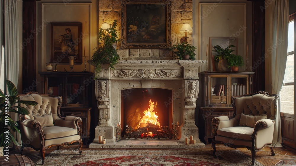 comfortable armchairs and a plush rug, creating a warm and inviting space for relaxation. The walls are adorned with vintage art and family photos comfortable armchairs and a plush rug, creating a warm and inviting space for relaxation. The walls are adorned with vintage art and family photos