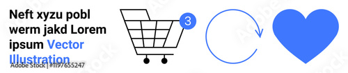 Shopping cart with three items, circular arrow indicating refresh or reload, and heart symbolizing favorites or thumbs ups. Ideal for e-commerce, user interaction, online shopping, UIUX design