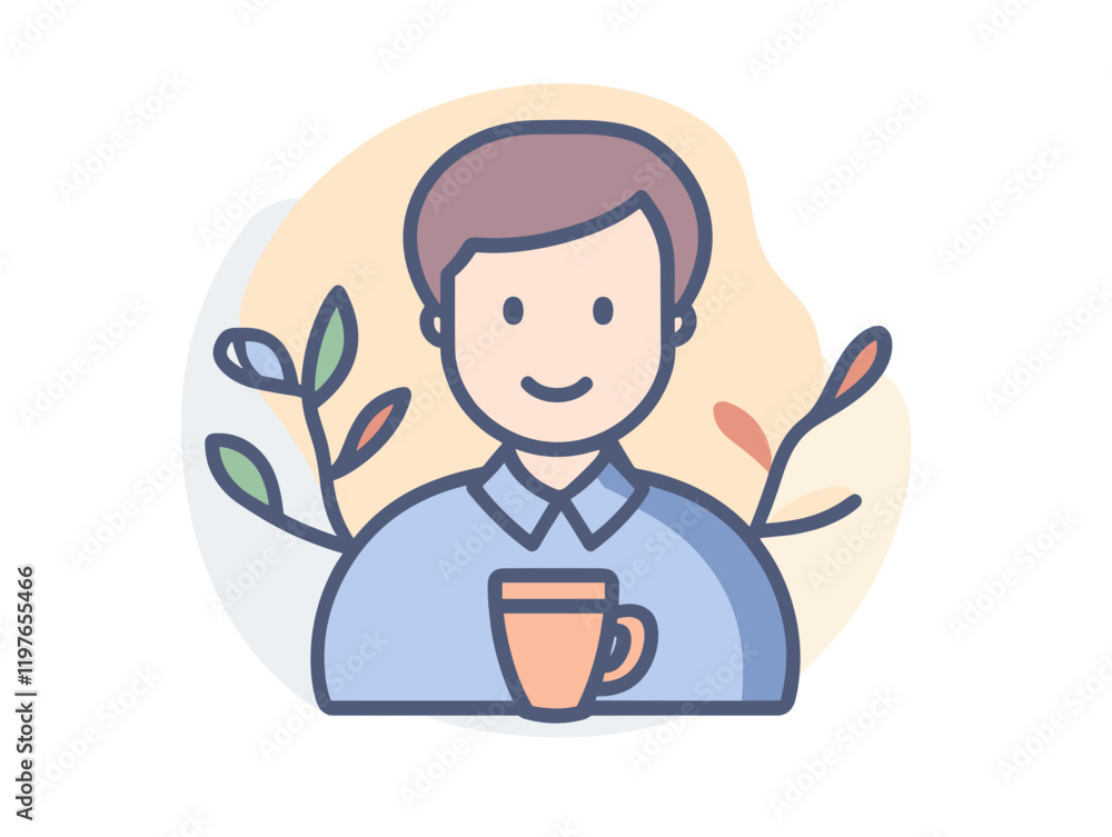 Smiling young man holding a cup in a serene setting with plants around him
Smiling young man holding a cup in a serene setting with plants around him