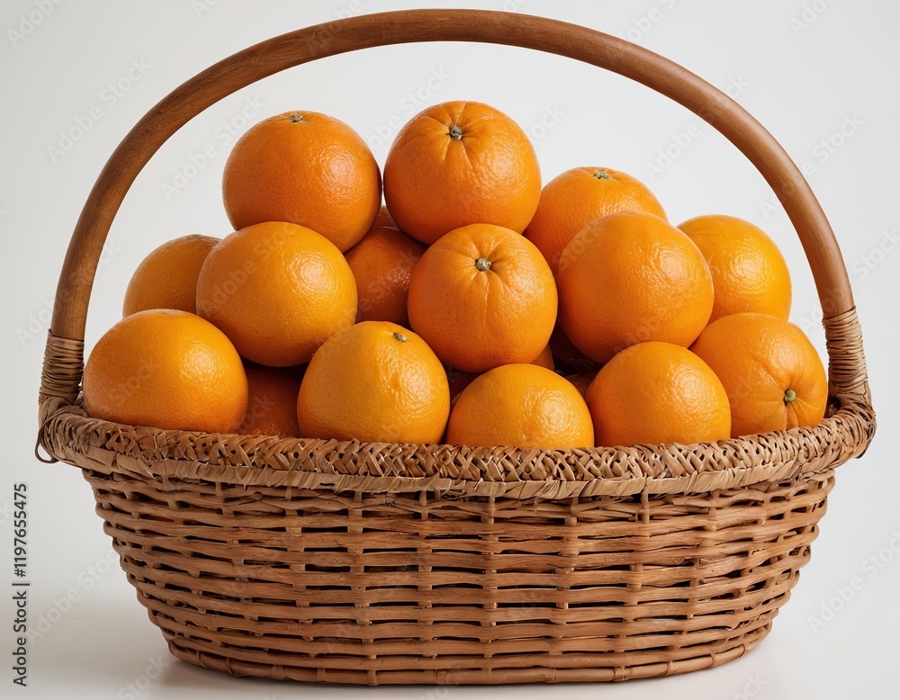 A basket filled with fresh, vibrant oranges on a light background. A basket filled with fresh, vibrant oranges on a light background.