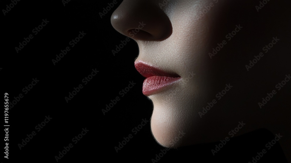 A woman's face is shown in a black background with her lips painted red A woman's face is shown in a black background with her lips painted red