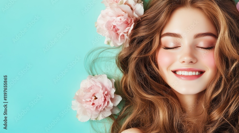 A serene woman adorned with vibrant flowers in her hair, her eyes gently closed, embodies the essence of love and peace this Valentine's Day. A serene woman adorned with vibrant flowers in her hair, her eyes gently closed, embodies the essence of love and peace this Valentine's Day.
