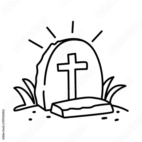 Gravestone with cross sign icon in doodle style