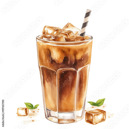 A watercolor illustration of an iced coffee latte in a glass, isolated on a white background. Iced coffee latte vector.
