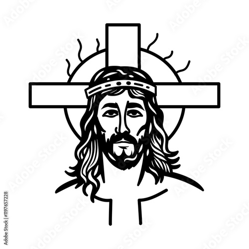 Jesus head with cross symbol, hand drawn icon