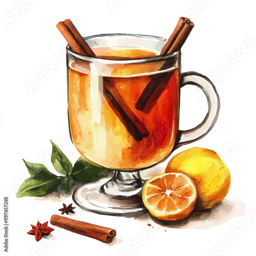 A watercolor clipart of a cup of hot spiced cider, isolated on a white background. Hot spiced cider vector.
