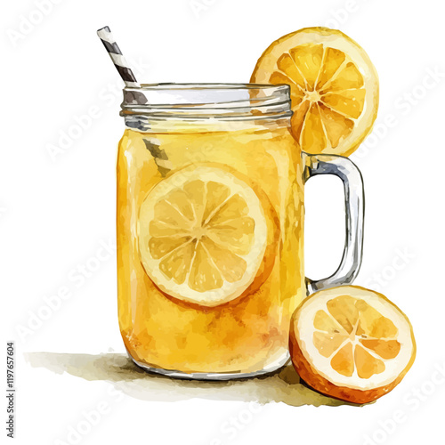 A watercolor clipart of a cup of hot lemonade, isolated on a white background. Hot lemonade vector.
