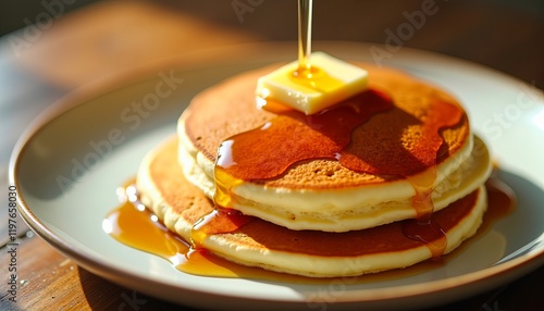 Golden pancakes drizzled with syrup and topped with butter. A delicious breakfast treat!