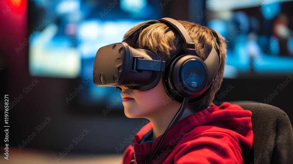 Child wearing headset, immersed in virtual reality. Child wearing headset, immersed in virtual reality.