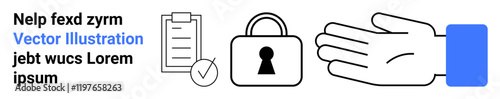 Hand open, lock with keyhole, checklist with checkmark, and mixed black and blue font text promoting verification or security. Ideal for cybersecurity, data protection, access control, privacy