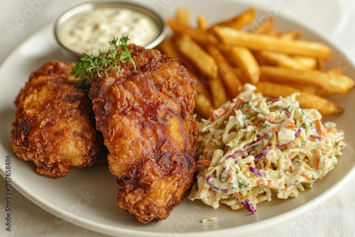 Crispy fried fish fillets served with french fries, creamy coleslaw, and tartar sauce.