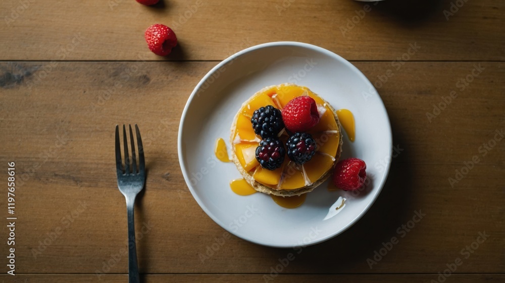 A plate of golden pancakes topped with fresh raspberries, blackberries, and maple syrup, served on a wooden table with a fork.
A plate of golden pancakes topped with fresh raspberries, blackberries, and maple syrup, served on a wooden table with a fork.