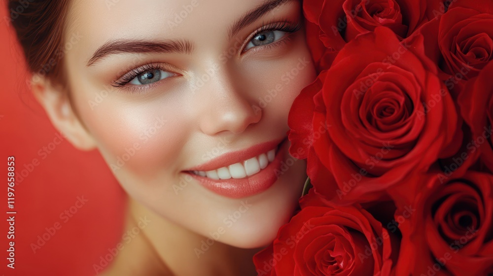A joyful woman adorned with vibrant red roses in her hair, radiating love against a passionate red backdrop, perfect for celebrating Valentine's Day. A joyful woman adorned with vibrant red roses in her hair, radiating love against a passionate red backdrop, perfect for celebrating Valentine's Day.