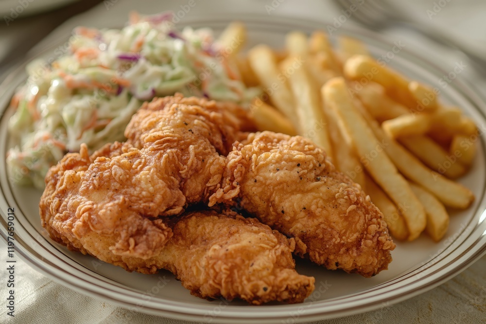 Crispy fried chicken tenders served with french fries and coleslaw. Crispy fried chicken tenders served with french fries and coleslaw.